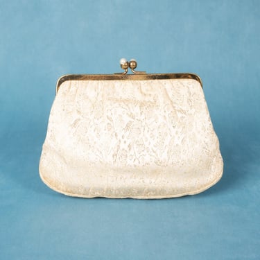 Vintage 1950s Ivory and Gold Metallic Brocade Clutch with Pearl Kiss Lock 