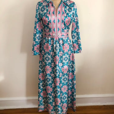Teal and Pink Tile/Medallion Print Maxi Dress - 1970s 