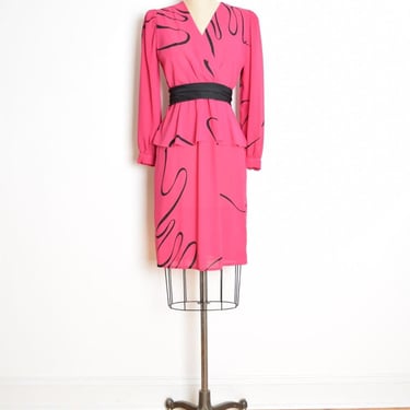 vintage 80s dress magenta pink black swirl print secretary peplum midi dress M clothing 