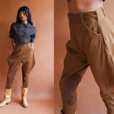 Vintage 40s Chestnut Twill Jodhpurs/ 1940s High Waisted Riding Pants/ Equestrian Uniform/ Size 28 