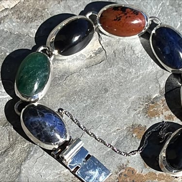 Vintage Sterling Silver Multi Oval Stone Bracelet - 6 5/8 Inches 