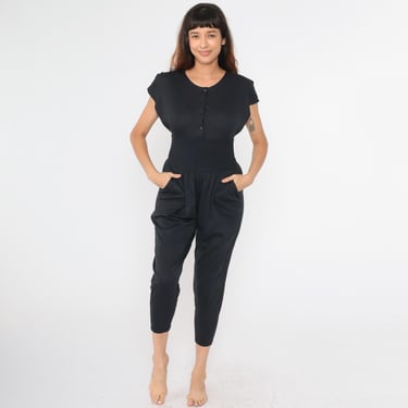 Vintage 80s Black Jumpsuit Button Up Tapered Cropped Leg Pants Pantsuit Short Dolman Sleeve Romper 1980s High Waist Small 