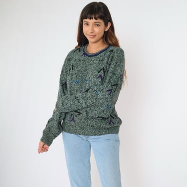 Vintage 90s Marled Knit Sweater XL Geometric Pattern Pullover Crewneck Green Purple Blue Slouchy Fit Pullover Oversized Fall Extra Large 