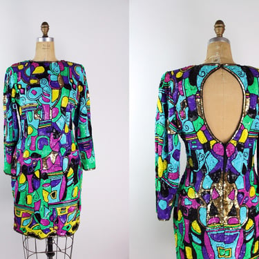 80s Sparkly Neon Sequin Dress/ Colorful Heavily Sequined Dress / 80s Glam Dress /Open Back Dress / Sequined Rainbow Cocktail Dress /Size S/M 