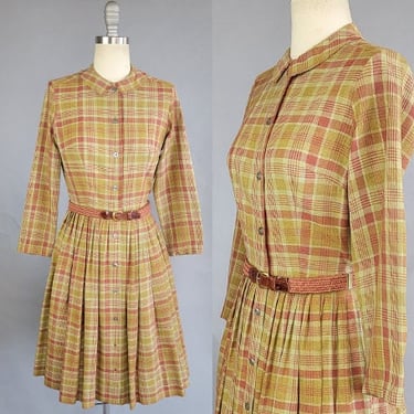 1960s Shirtwaist Dress / 60s Green and Brown Plaid Shirtwaist Dress / Size Small 