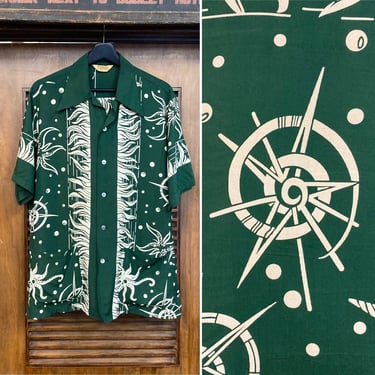 Vintage 1940’s Underwater Print Rayon Cabana Hawaiian Shirt, 40’s Nautical Star, Vintage Clothing 