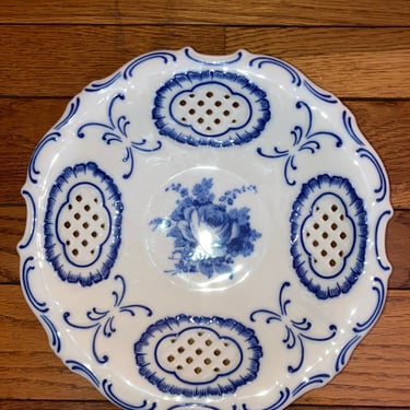 PIRKEN-HAMMER Cobalt Blue White Floral Serving Bowl~reticulated Plate Czechoslovakia Fine China ~ Vintage Porcelain Fancy Plate 