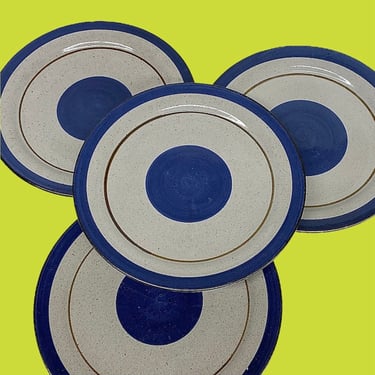 Vintage Knabstrup Denmark Plates Retro 1960s Mid Century Modern + 11.5" D + Stoneware + Blue + Gray + Bullseye + Set of 4 + MCM Dinnerware 