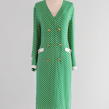 Sophisticated Early 80s Kelly Green and Daisy Mod Dress by Adolfo / Sz L/XL