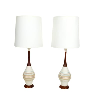 Pair of Tall Ceramic and Walnut Lamps