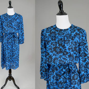 80s Blue Dress w/ Black Flowers - Periwinkle - Vintage 1980s - Size M L 