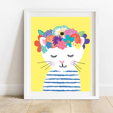 Cat With Floral Crown 8 X 10 Multicolored Art Print/ Children's Room Decor/ Kitten Wall Art/ Animal Illustration/ Cat and Flowers Print 