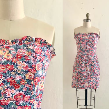 vintage 90's floral fitted strapless dress 