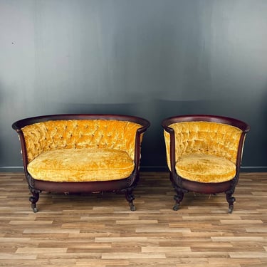Set of Antique Victorian Empire Style Mahogany Loveseat & Arm Chair, c.1920’s 