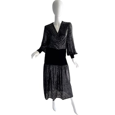 1970s Givenchy Vintage Dress / Metallic Silver Silk Devore Dress / 70s Sara Fredericks Party Cocktail Dress Medium 