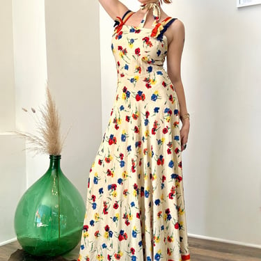 Vintage 1930s Dress / 30s Floral Maxi Dress With Ribbon Straps / Multicolor ( small S ) 