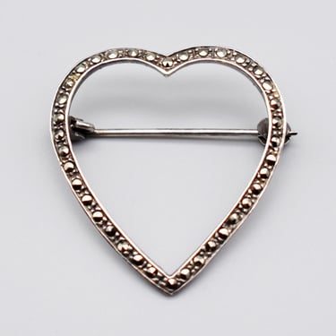 Thin 40's sterling marcasite heart brooch, minimalist 925 silver pyrite elegant sweetheart pin 