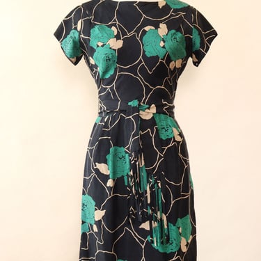 1950s Silk Bottle Green Floral Dress XS/S