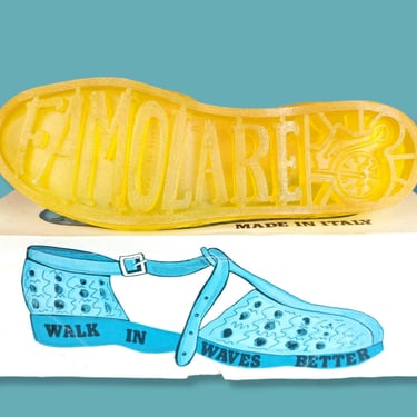 Deadstock 1970s jelly sandals by FAMOLARE. Molded rubber yellow hurachés. T-strap buckle wavy soles basketweave. Mod-o-ramma! (Size 6.5 - 7) 