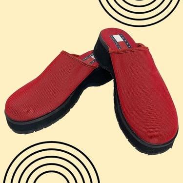 Vintage Tommy Hilfiger Slip Ons Retro 2000s Y2K + Preppy + Womens Size 6M + Red + Stretchy Fabric + Chunky Heel Sandals + Shoes + Accessory 