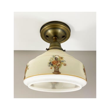 Ceiling Light with Art Deco Stepped Form Shade - Floral Basket Design - Custom Semi Flush Mount Antique Brass Ceiling Fixture - 8.5