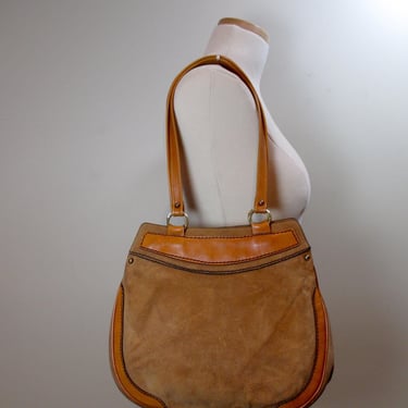 Vintage Tan Suede Hippie Tote w Leather Trim Double Strap Shoulder Bag 1970s Leather Purse Large Bohemian Pocketbook Vintage Handbag 