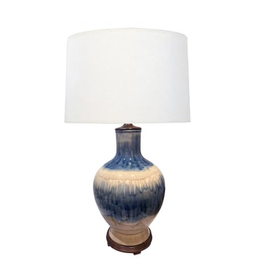 Large Mid-century Ovoid-form Ivory and Cerulean Blue Drip-glaze Lamp