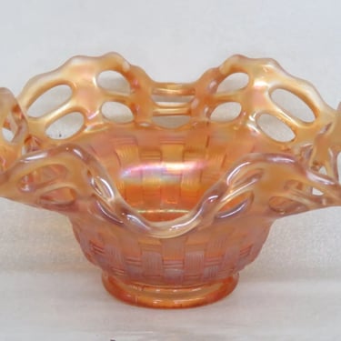 Fenton Marigold Carnival Glass Basket Weave Open Lace Edge Candy Dish Bowl 3338B