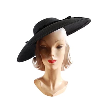 Late 1940s Black Platter Hat - 1950s Black Straw Cartwheel Hat - 1950s New Look Hat - 1940s Black Sun Hat - 1950s Platter Hat - 50s Dish Hat 