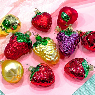 VINTAGE: 10pcs - European Glass Fruit Ornaments - Strawberries, Grapes, Pears Blown Figural Mercury Glass Ornaments - Christmas 