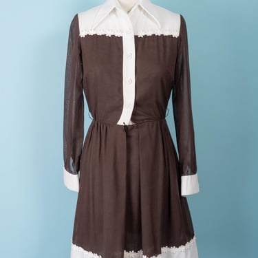 RARE 1960s Pretaporte Part Sheer Brown Dress with Daisy Trimmed Waffle Weave Panels 