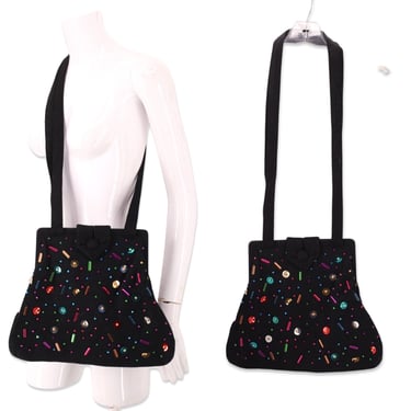 80s NORMA KAMALI black shoulder bag, vintage 80s 90s club rave sequin purse, designer vintage handbag OMO 