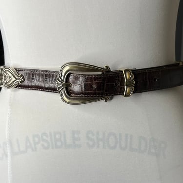 Vintage Brighton Brown Crocodile Embossed Leather Metal Silver Belt, 30 