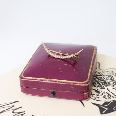 Antique Edwardian 8kt Gold and Pearl Crescent Brooch | Victorian Moon Brooch Pin Solid Gold and Seed Pearls 