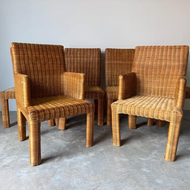 1970s Vintage Boho Chic Coastal Organic Woven Wicker & Bamboo Dining Chairs – Set of 6 