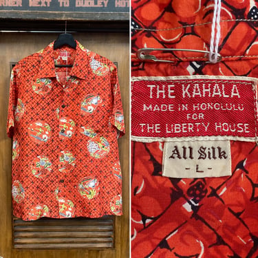 Vintage 1950’s Size L “Kahala” Cartoon Surfers x Hula Girl Silk Hawaiian Shirt, 50’s Loop Collar Shirt, Vintage Clothing 