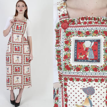 Holly Hobbie Character Folk Dress / Homespun Prairie Cottagecore Pinafore / Vintage 70s Quilted Fairytale Maxi Dress 