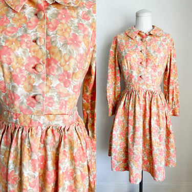 Vintage 1960s Orange Floral Long Sleeve Dress / XS 