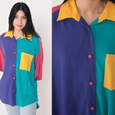 Color Block Shirt 90s Button up Blouse Pink Yellow Purple Teal Green Colorblock Short Sleeve Casual Summer Top Vintage 1990s Extra Large xl 