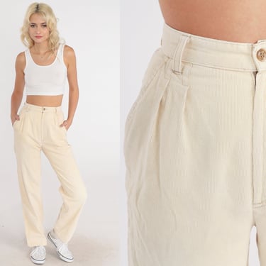 Pleated Corduroy Pants 80s Cream High Waisted Trousers Straight Leg Mom Pants High Waist 1980s Relaxed Preppy Vintage Extra Small xs 0 