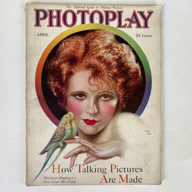 Vintage 20's Photoplay, Clara Bow Cover Art April 1929, Starlet With Parakeets Perched On Hand 