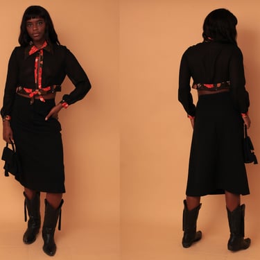 Vintage 1970s Givenchy Sport for I. Magnin Wool Jet Black High Waisted Midi Skirt 