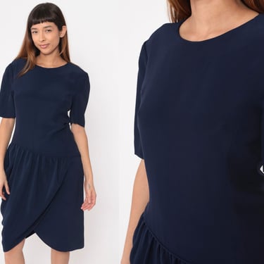 90s Tulip Skirt Dress Navy Blue Pocket Asymmetrical Drop Waist Midi Dress Vintage Draped Gathered Short Sleeve 1990s Simple Plain Medium 8 