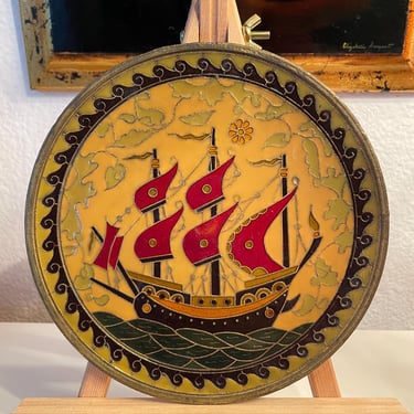 Vintage Enamel Sailing Ship Metal Plate |  Enamel on Brass Plate Wall Decor | Enamel Viking Decorative Wall Plate 
