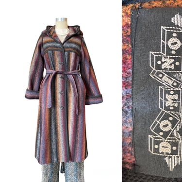1980s hooded coat, ombre striped wool, vintage belted 80s coat, domino new york, medium, 1970s coat, mod style 