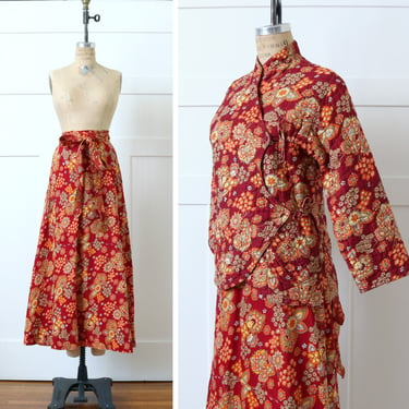 vintage 1970s psychedelic floral quilted jacket & maxi skirt • boho hippie set in maroon and orange 