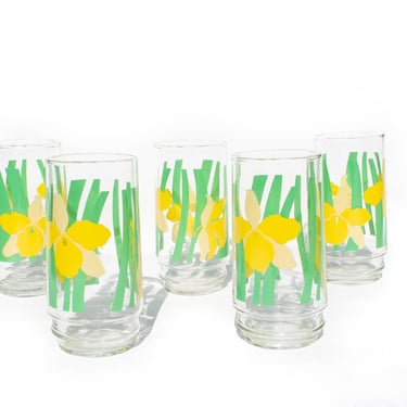 Set of 5 Vintage La Rue Daffodils Tumblers, Highball Glasses, Vintage Glassware, Floral Glasses 