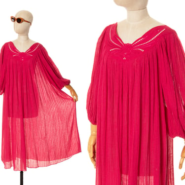 Vintage 1980s Trapeze Dress | 80s Deadstock NWT Cotton Gauze Sheer Pink Bubble Sleeve Full Summer Greek Midi Day Dress (s-xl) 