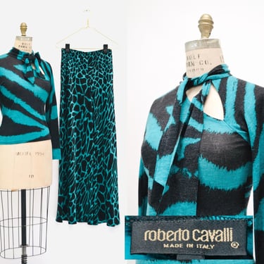 Y2k Vintage Roberto Cavalli Top Teal Black Tiger Zebra Animal Print Roberto Cavalli Sweater Top Small Medium Y2k Zebra Print Neck Tie Top 