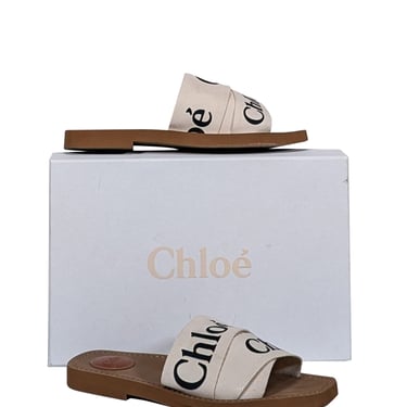 Chloe - White Woody Logo Ribbon Slide Sandals Sz 7